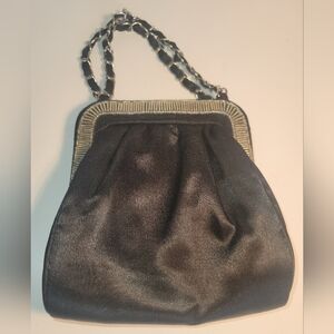 Vintage Style  Black Evening Bag with a Beaded Frame and Metal Chain Strap
